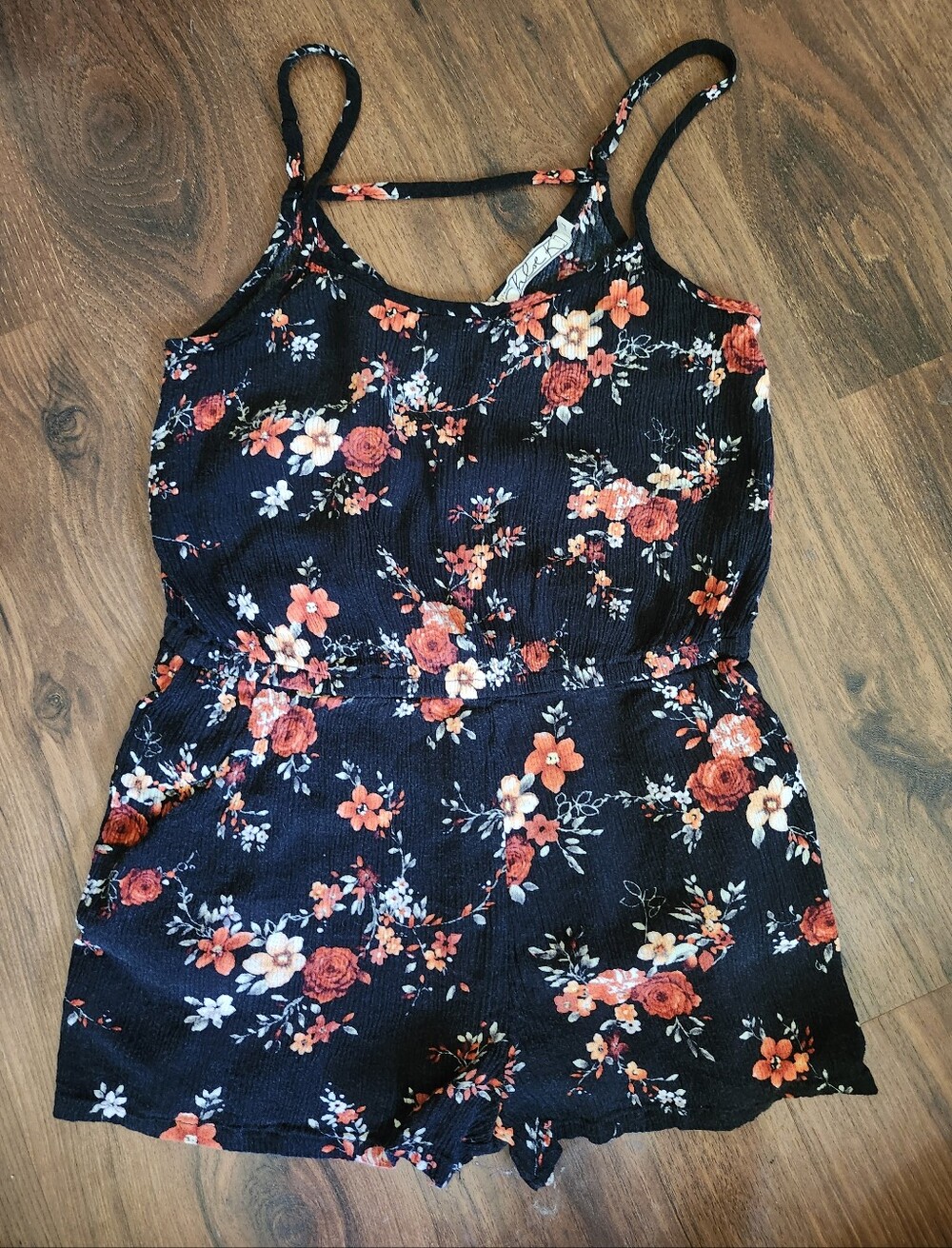 Chloe K Black Floral Romper with Orange & Red Flowers